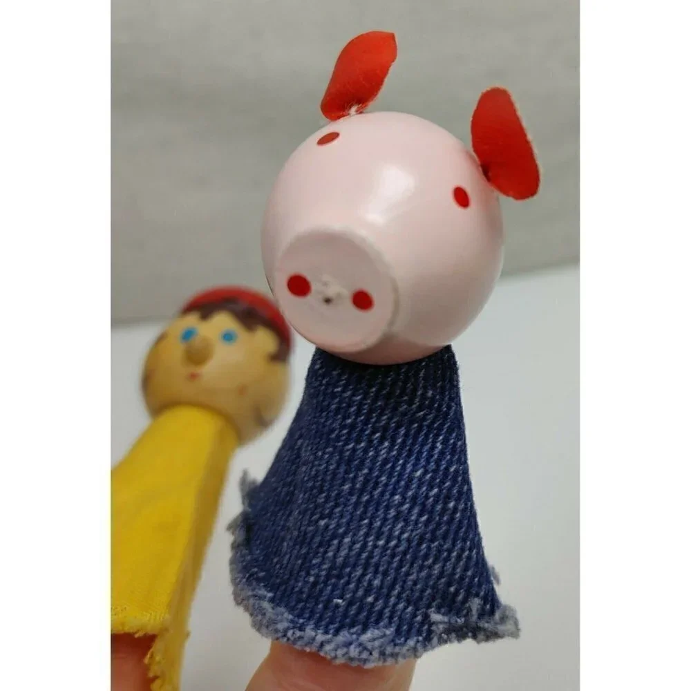Vintage Wood And Cloth Set Boy With Hat Pig Hand Painted Finger Puppets